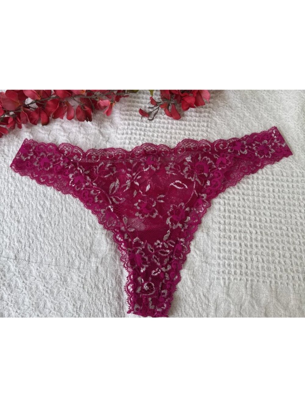 VICTORIA'S SECRET L DREAM ANGELS PINK SILVER LACE WIDE STRING THONG PANTIES NWT